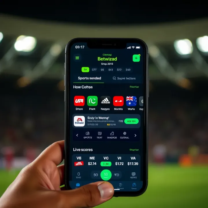 Mobile phone displaying Betwizad app interface with sports betting options and live scores