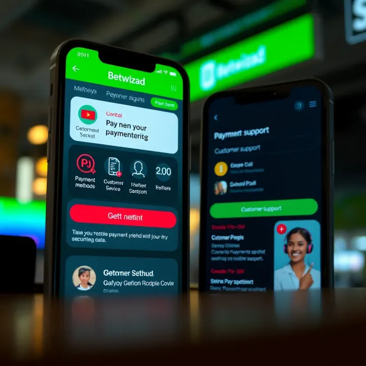 Screens displaying payment methods and customer support features in the Betwizad app
