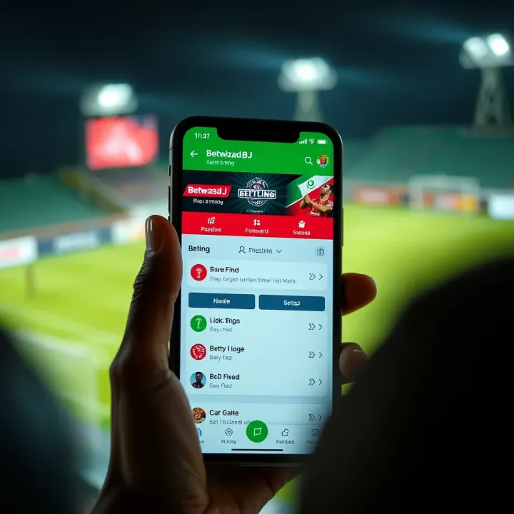 Mobile phone displaying Betwizad BJ app with navigation menu and betting features