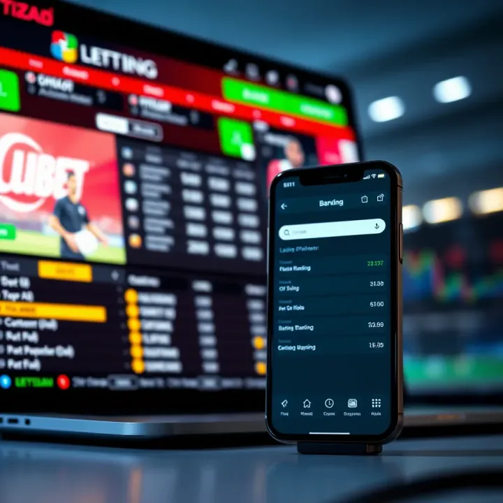 Digital interface showing online sports betting odds and a mobile phone with banking app open