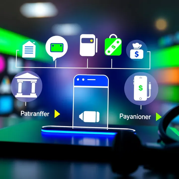 Illustration of various payment icons including bank transfer, card payment, and mobile money services on a digital platform