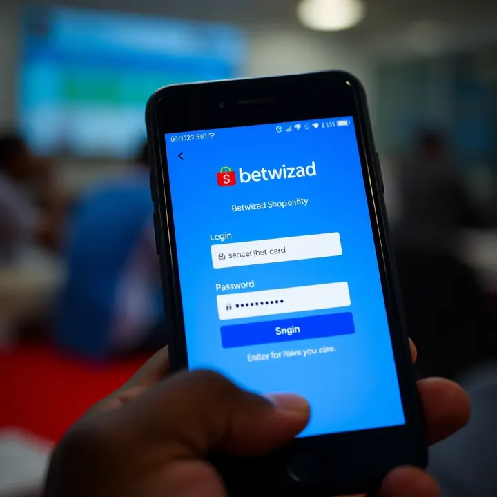 Mobile phone displaying Betwizad Shop login screen with secure password entry