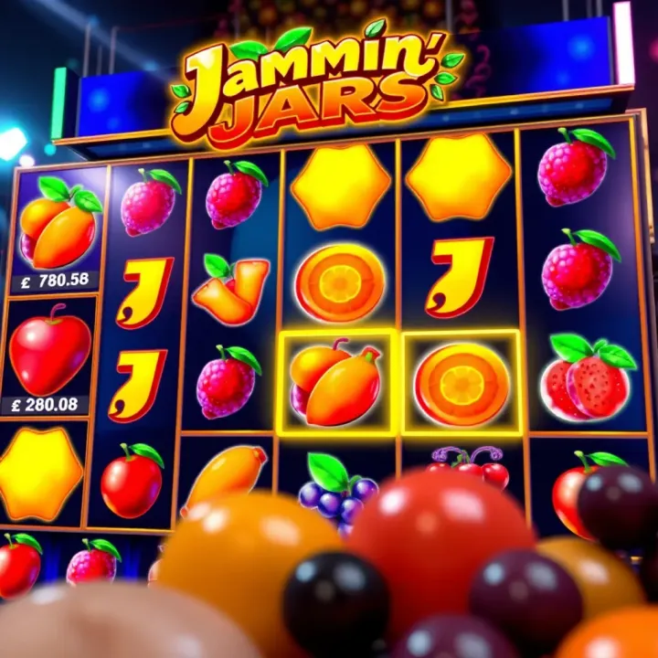 Colorful Jammin' Jars slot game interface showing vibrant fruit symbols and cluster wins