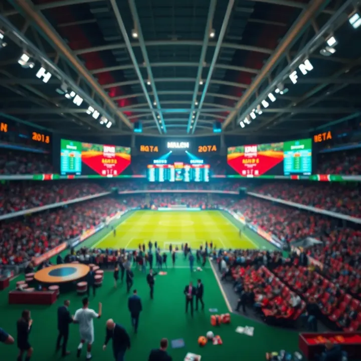A dynamic sports stadium with live score updates and betting odds displayed on screens