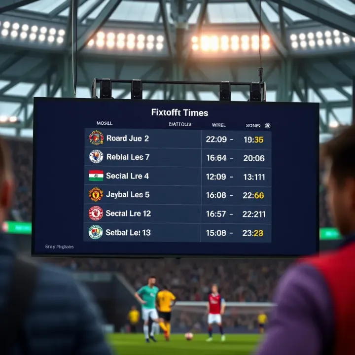 Digital scoreboard displaying upcoming Premier League fixtures with team logos and kickoff times