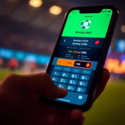 Graphic showing BetWizad booking code entry on a mobile device with winning odds displayed